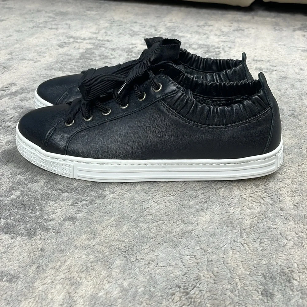 New AGL Suzie Elasticated Opening Sneakers Black Leather Lace Up Sz 36.5